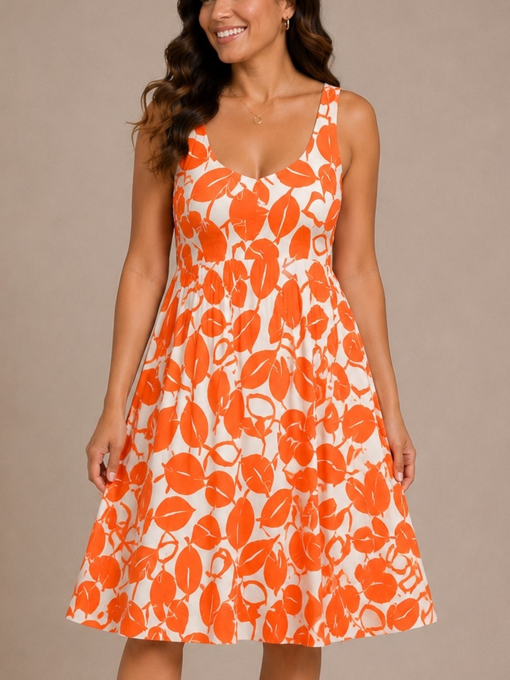 new directions Orange and White Leaf-Print Mini Dress SIE 14
Pit 17”
Length 37”